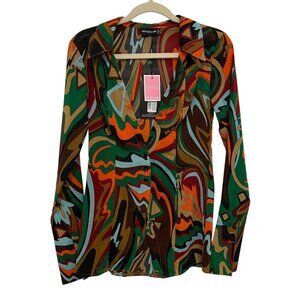 PrettyLittleThing Abstract Multicolor Button-Down Blouse Size 4 70s Festival NWT